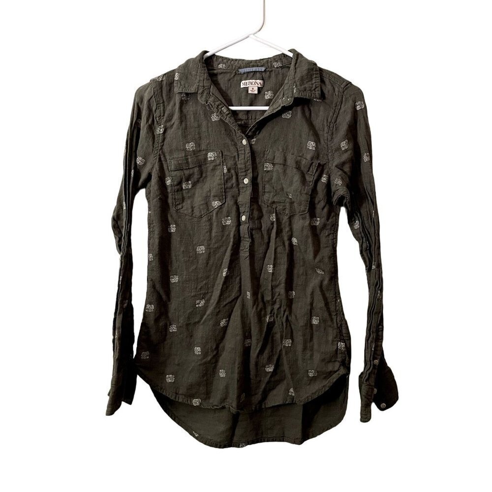 Merona Elephant Print Button Down Top Small Green Women Cotton Gauze